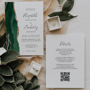 Invitation Vert émeraude Rose Or Agate Blanc QR Mariage