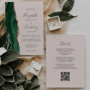Invitation Vert émeraude Rose Or Agate Fard QR Mariage
