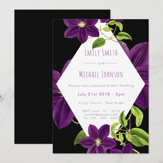 Invitation Vert Emeraude violet foncé Mariage Floral moderne (Devant / Derrière)