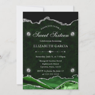 Invitation Vert et argent Paillettes Agate Sweet 16
