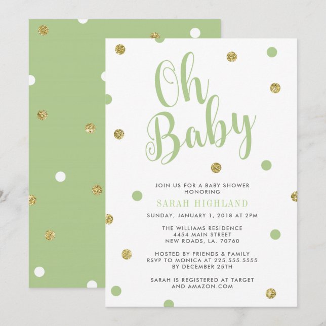 Invitation Vert et baby shower de parties scintillantes d'or (Devant / Derrière)