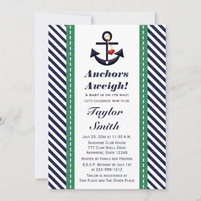 Invitation Vert et baby shower nautique d'Ancre de marine (Devant)