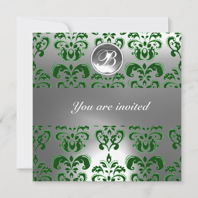 INVITATION VERT ET BLANC DAMASSÉ MONOGRAMME EN PIERRE PRÉCIEU (Devant)