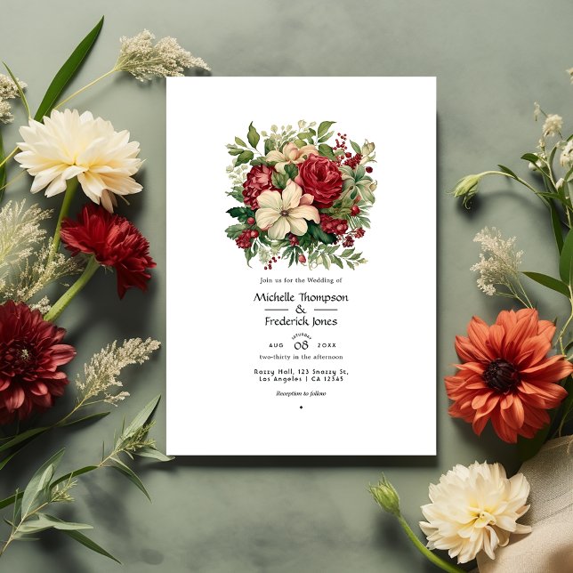 Invitation Vert et Crimson avec Crème Floral Printemps Mariag (Créateur téléchargé)