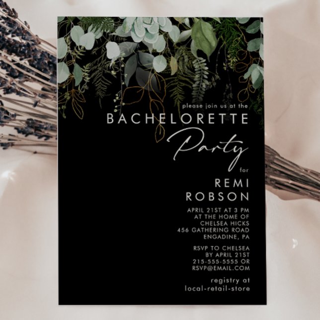 Invitation Vert et feuille d'or noir | Bachelorette (Créateur téléchargé)