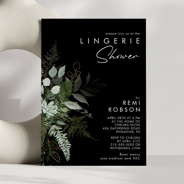 Invitation Vert et feuille d'or noir | Douche Lingerie (Créateur téléchargé)
