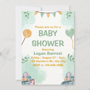Invitation Vert et Jaune Illustration Baby shower mignon