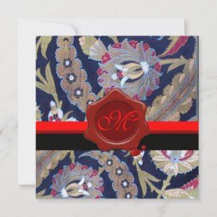 INVITATION VERT ET NOIR BLEU DAMAS, MONOGRAMME À SCEAU DE CIR