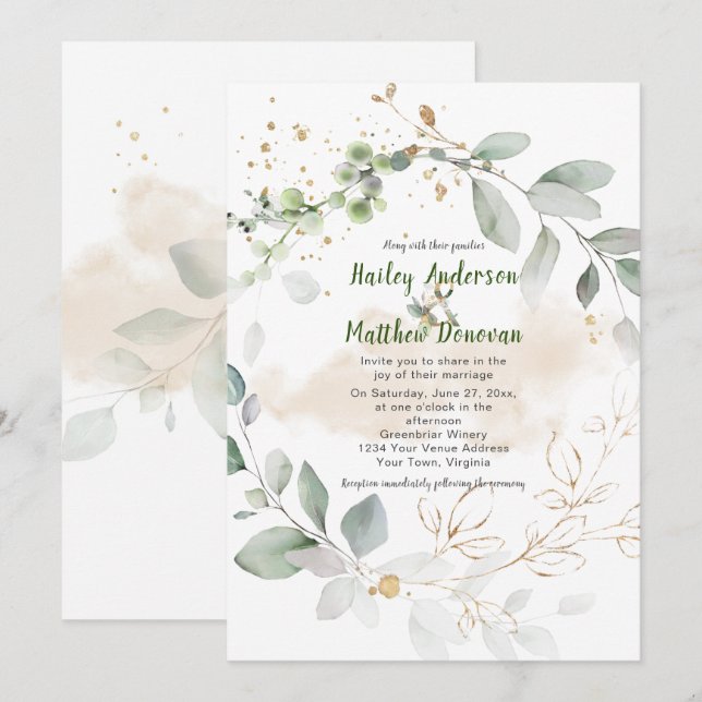 Invitation Vert et or Botanique Mariage de verdure | (Devant / Derrière)