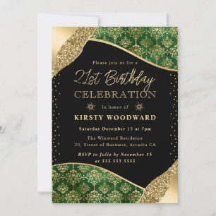 Invitation Vert et Or Damassé d'Hiver 21e Anniversaire