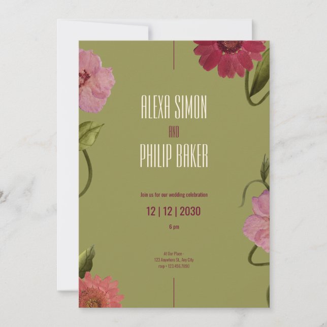 Invitation Vert et rose, Mariage d'aquarelle rouge (Devant)