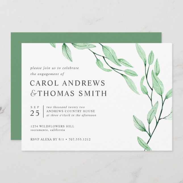 Invitation Vert éthérée | Chic Botanical Engagement Party (Devant / Derrière)