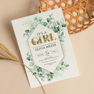 Invitation Vert Eucalyptus Baby shower fille aquarelle