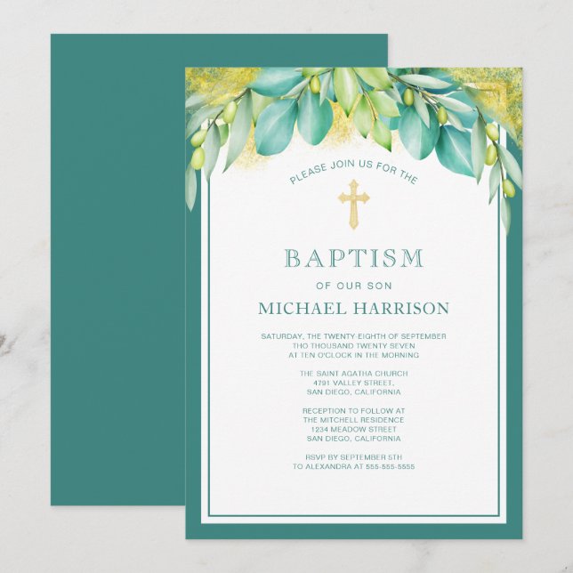 Invitation Vert Eucalyptus Olive Genre Neutre Baptême (Devant / Derrière)