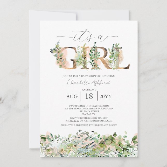 Invitation Vert Eucalyptus rose C'est un Baby shower féminin (Devant)