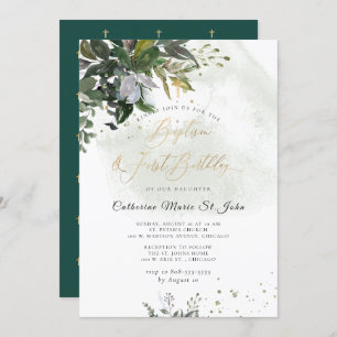 Invitation Vert Eucalyptus Rustique 1er anniversaire Baptême