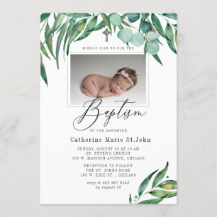 Invitation Vert Eucalyptus Rustique Photo Baptême