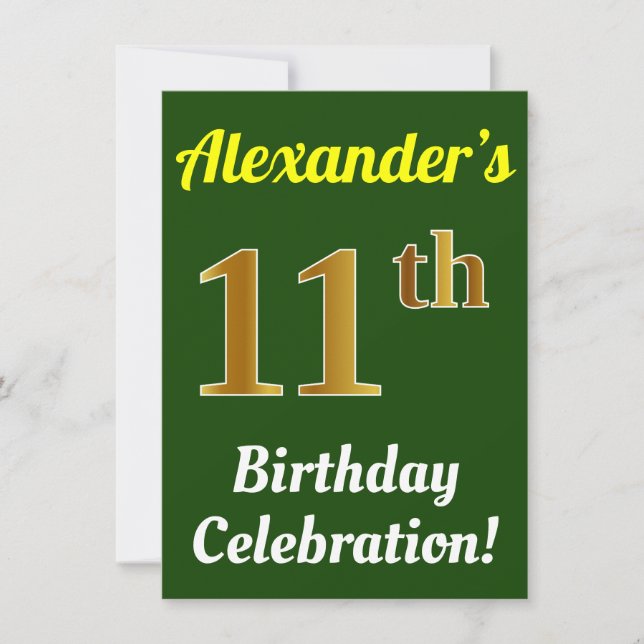 Invitation Vert, Faux Or 11e anniversaire Célébration + Nom (Devant)