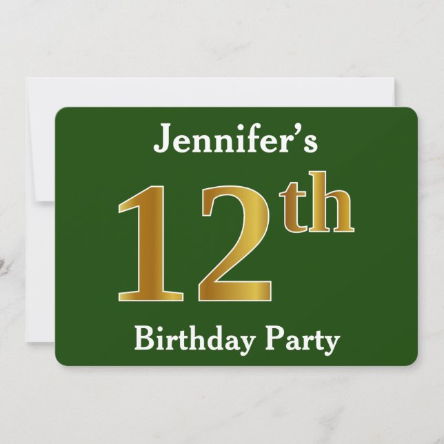 Invitation Vert, Faux Or 12e Anniversaire + Nom Personnalisé (Devant)