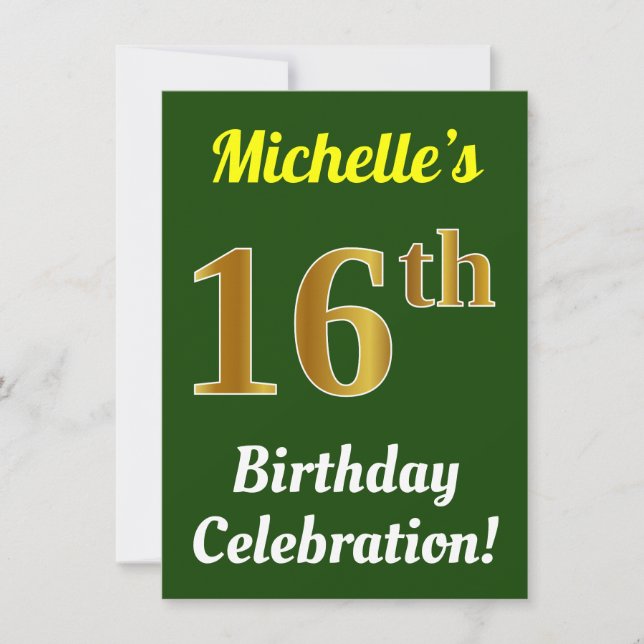 Invitation Vert, Faux Or 16e anniversaire Célébration + Nom (Devant)