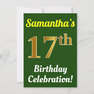 Invitation Vert, Faux Or 17ème anniversaire Célébration + Nom