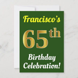 Invitation Vert, Faux Or 65e anniversaire Célébration + Nom