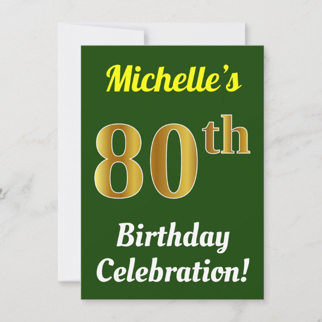 Invitation Vert, Faux Or 80e anniversaire Célébration + Nom (Devant)