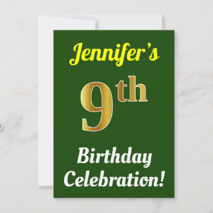 Invitation Vert, Faux Or 9e anniversaire Célébration + Nom