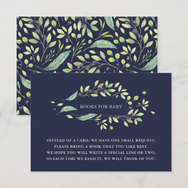 Invitation Vert feuilles | Aquarelle Demande de livre bleu fo (Devant / Derrière)