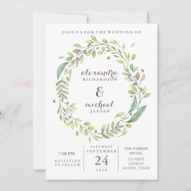 Invitation Vert feuilles | Mariage de courroie à aquarelle te (Devant)