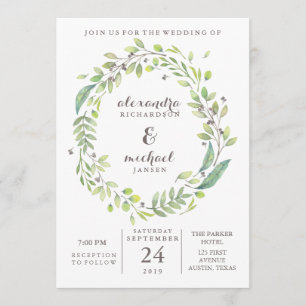 Invitation Vert feuilles   Mariage de courroie à aquarelle te