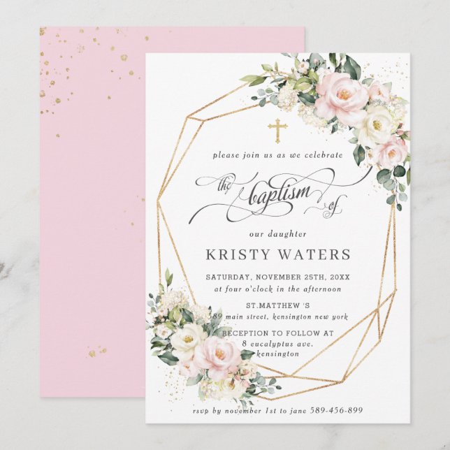 Invitation Vert floral rose ivoire Baptême Géométrique (Devant / Derrière)