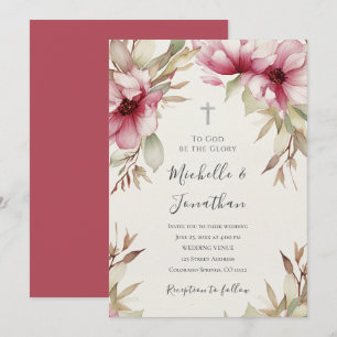 Invitation Vert floral rose pâle Mariage de la Croix chrétien