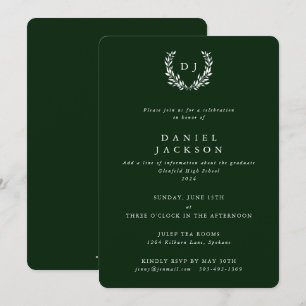 Invitation Vert foncé / Blanc Monogramme Laurel Wreath Gradua
