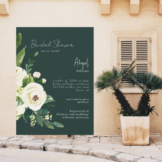 Invitation Vert foncé Élégante Fête des mariées florale blanc (Créateur téléchargé)