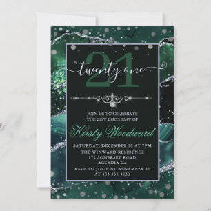 Invitation Vert foncé et argent faux paillettes agate anniver