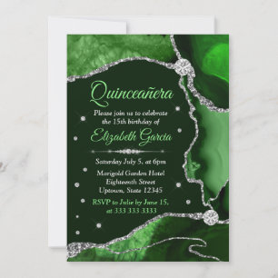 Invitation Vert foncé et argent pailleté Agate Quinceanera