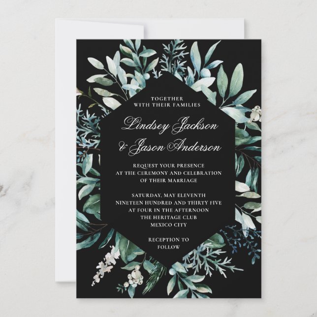 Invitation Vert foncé Moody Élégant Mariage floral (Devant)