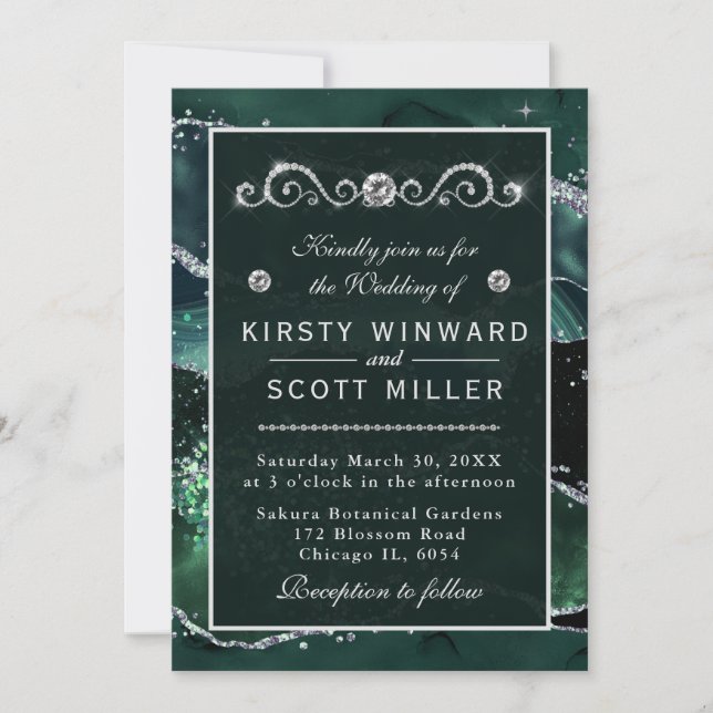 Invitation Vert foncé & Paillettes Faux Argent Mariage Agate (Devant)