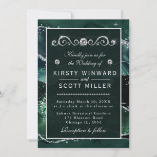 Invitation Vert foncé & Paillettes Faux Argent Mariage Agate