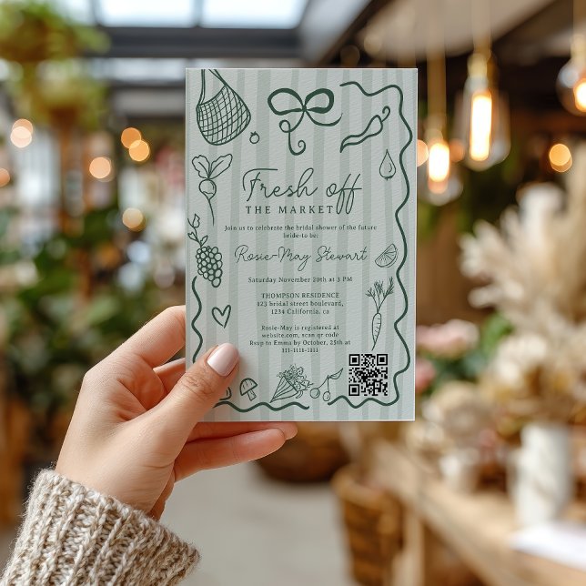 Invitation Vert Frais Direct du Marché QR Dessiné à la Main M (Green Fresh Off the Market Hand Drawn QR Bridal Invitation)