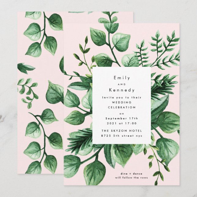 Invitation Vert frais Feuilleté Moderne Mariage blanc et rose (Devant / Derrière)