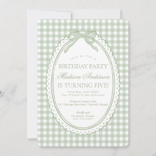 Invitation Vert Gingham Coquette Nœud Fête d'Anniversaire