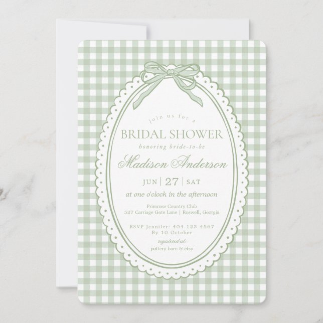 Invitation Vert Gingham Coquette Noeud Papillon Baby Shower M (Devant)