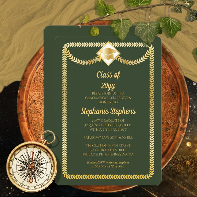 Invitation Vert | Gold Serpentine Graduation Party (Elegant Green | Gold Tone Serpentine Grad Cap  College University Graduation Announcement | Party)