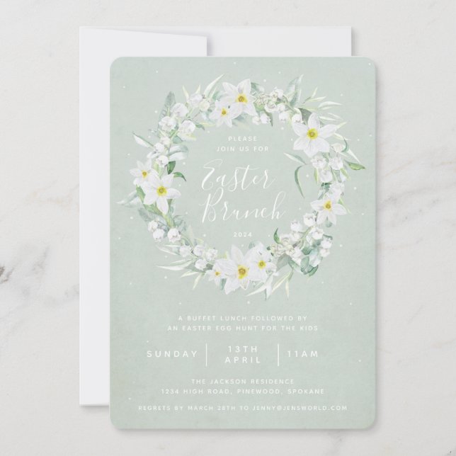 Invitation Vert + Graine de fleurs blanches Brunch de Pâques (Devant)
