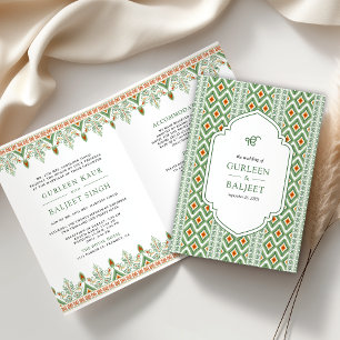 Invitation Vert Ikat tout-en-un Anand Karaj mariage sikh
