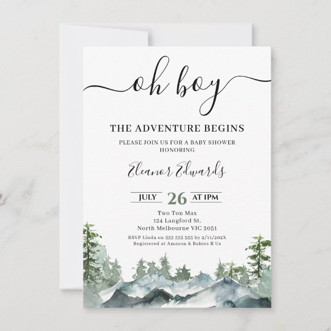Invitation Vert L'aventure commence Baby shower sauvage (Devant)