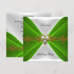 Invitation Vert Lime Élégant Anniversaire Or Bijou Blanc Soie