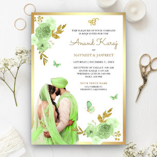Invitation Vert lime floral Punjabi Anand Karaj mariage Sikh